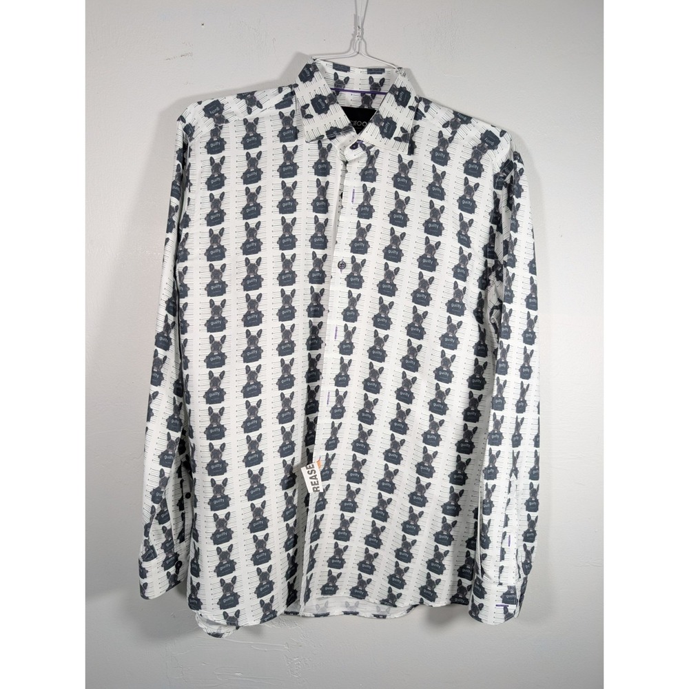 Maceoo Shirt Mens M White Fibonacci Guilty Dog Frenchie Print Long Sleeve Button